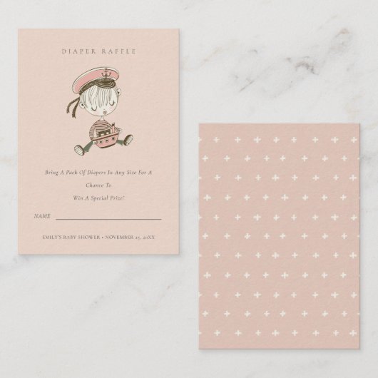 Blush Sailor Nautical Diaper Baby shower Raffle Informatiekaartje (Voorkant / Achterkant)