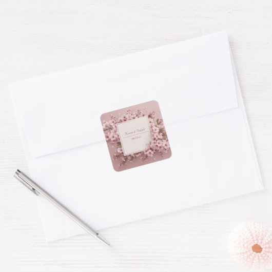 Blush Sakura Cherry Blossom Wedding Vierkante Sticker (Envelop)