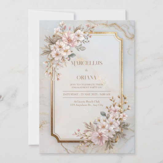 Blush Sakura Marble Gilded Frame Wedding Kaart (Voorkant)