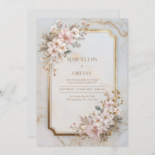 Blush Sakura Marble Gilded Frame Wedding Kaart (Voorkant / Achterkant)
