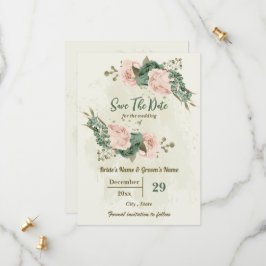 Blush & salie groene bloemen botanische bruiloft save the date