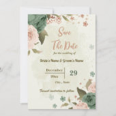 Blush & salie groene bloemen botanische bruiloft save the date (Voorkant)