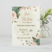 Blush & salie groene bloemen botanische bruiloft save the date (Staand voorkant)