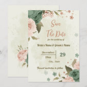 Blush & salie groene bloemen botanische bruiloft save the date (Voorkant / Achterkant)