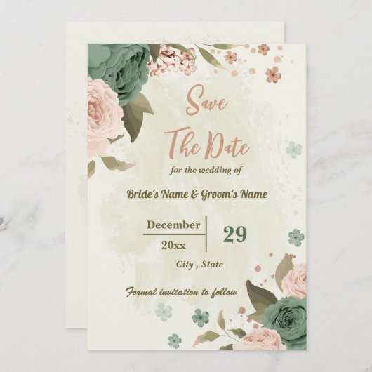 Blush & salie groene bloemen botanische bruiloft save the date (Voorkant / Achterkant)