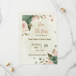 Blush & salie groene bloemen botanische bruiloft save the date