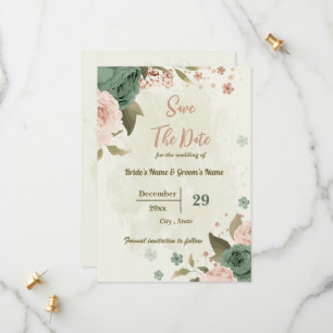Blush & salie groene bloemen botanische bruiloft save the date
