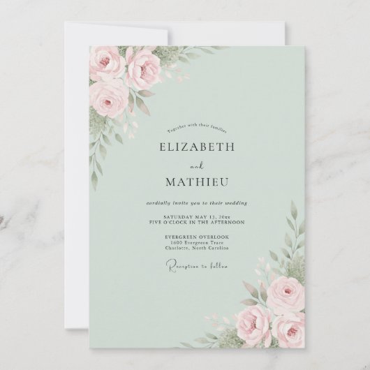 Blush Salie Ranunculus Eucalyptus Bruiloft Kaart (Voorkant)