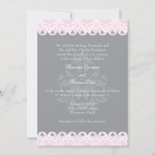 Blush Scalloped Damask Wedding Invitation Kaart (Voorkant)