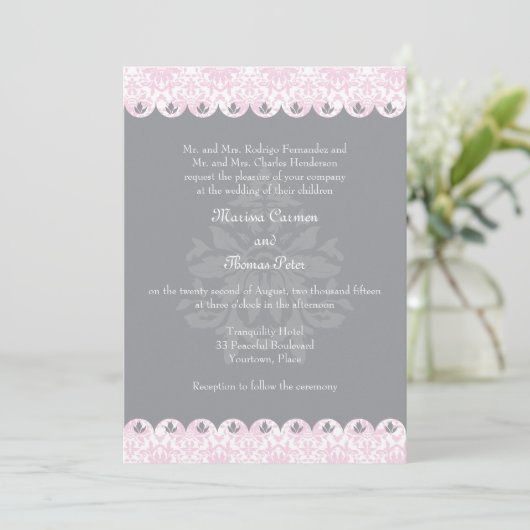 Blush Scalloped Damask Wedding Invitation Kaart (Staand voorkant)