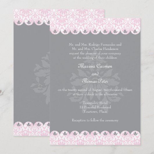 Blush Scalloped Damask Wedding Invitation Kaart (Voorkant / Achterkant)