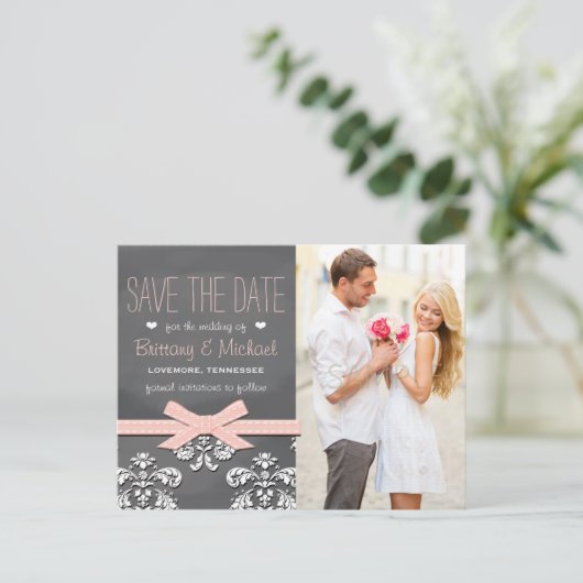Blush schoolbord Kant Bow Save the Date Briefkaart (Staand voorkant)