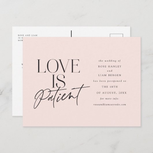 Blush Script Love is Patiënt Verander de datum Briefkaart (Voorkant / Achterkant)