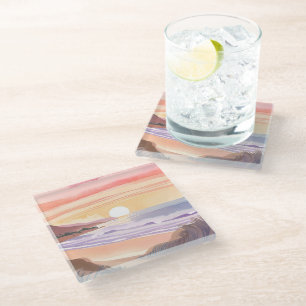 Blush Sea Sunset   Strand Watercolor Schildering Glazen Onderzetter