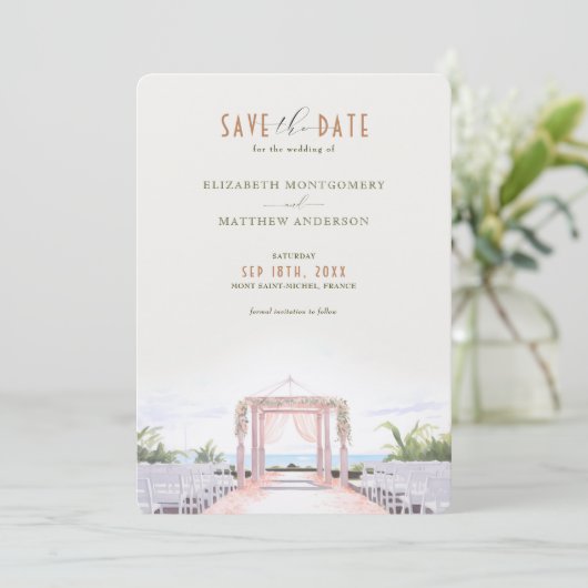 Blush Seaside Romance Save-the-Date Uitnodiging (Staand voorkant)