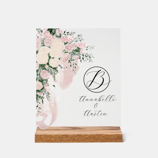 Blush Sheer Boog Roos Boeket-Monogram Acryl Bord (Voorkant)