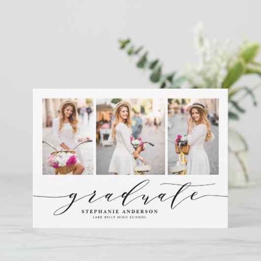 Blush sierlijke script drie foto afstudeerfeest kaart (Staand voorkant)