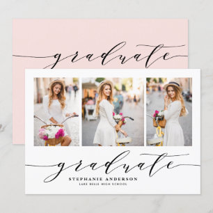Blush sierlijke script drie foto afstudeerfeest kaart