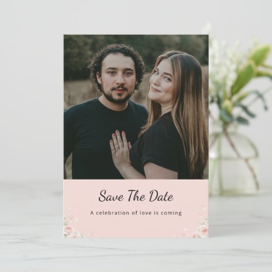 Blush Silk Pink Whispered Peta Modern Script photo Save The Date (Staand voorkant)