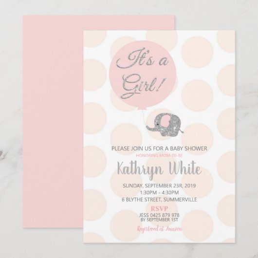 Blush Silver Elephant Baby shower Invitation Girl Kaart (Voorkant / Achterkant)