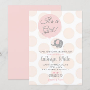 Blush Silver Elephant Baby shower Invitation Girl Kaart