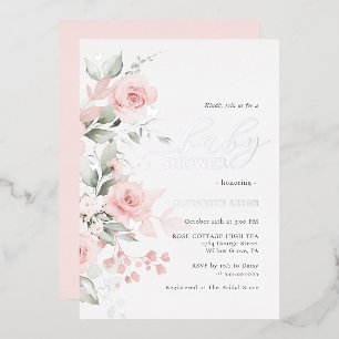 Blush Silver Floral Butterfly Baby shower Folie Uitnodiging