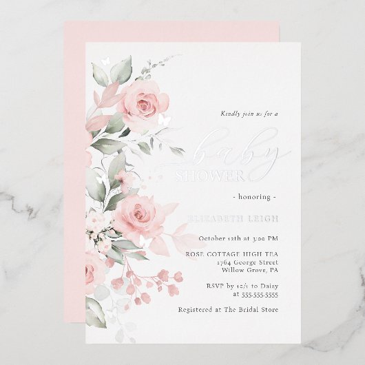 Blush Silver Floral Butterfly Baby shower Folie Uitnodiging (Voorkant / Achterkant)