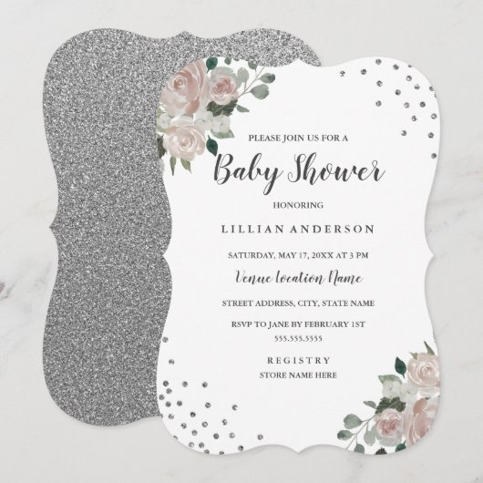 Blush Silver Floral Confetti Baby shower Uitnodige Kaart (Voorkant / Achterkant)