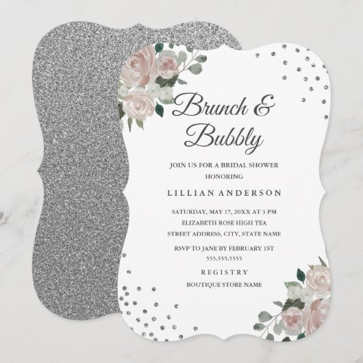 Blush Silver Floral Confetti Brunch en Bubbly Kaart (Voorkant / Achterkant)