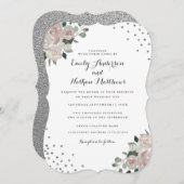 Blush Silver Floral Confetti huwelijksuitnodiging Kaart (Voorkant / Achterkant)