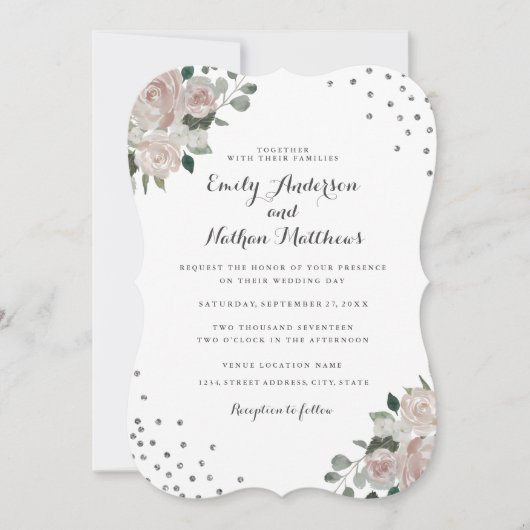 Blush Silver Floral Confetti huwelijksuitnodiging Kaart (Voorkant)