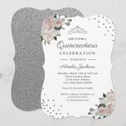 Blush Silver Floral Confetti Quinceanera Invite Kaart (Voorkant / Achterkant)