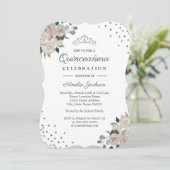 Blush Silver Floral Confetti Quinceanera Invite Kaart (Staand voorkant)