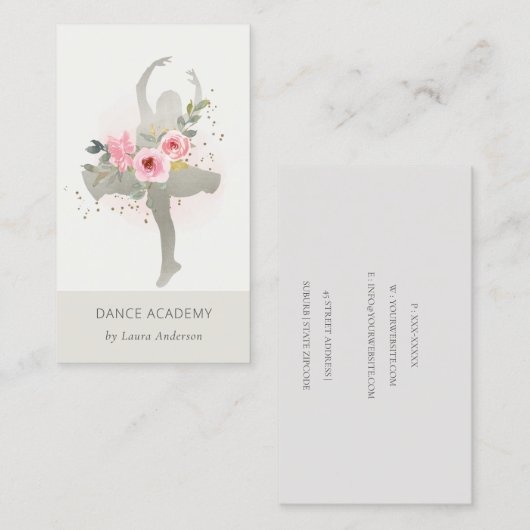 Blush Silver Floral Girl Dancer Academy Logo Visitekaartje (Voorkant / Achterkant)