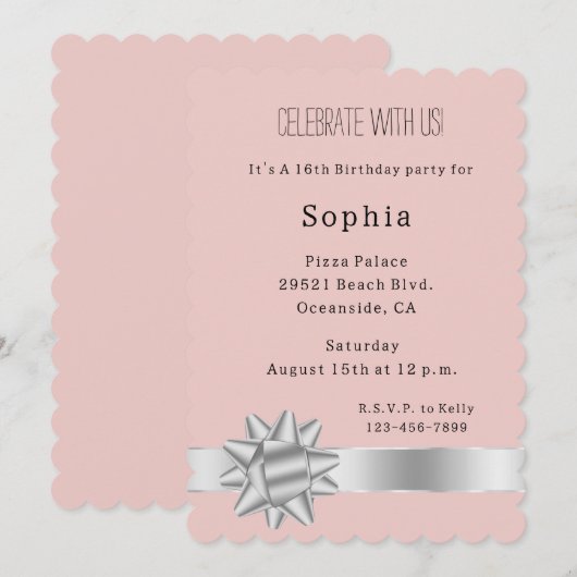 Blush Silver Glam Ribbon en Boog Verjaardag Kaart (Voorkant / Achterkant)