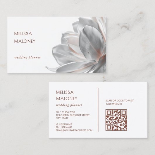 Blush Silver Magnolia White QR Code Business Card Visitekaartje (Voorkant / Achterkant)