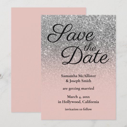 Blush Silver Ombre Glitter Save the Date Kaart (Voorkant / Achterkant)
