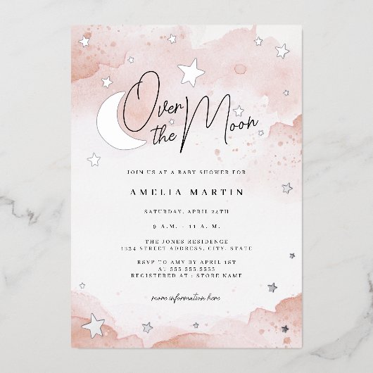 Blush Silver Over the Moon Baby shower Folie Uitnodiging (Voorkant)