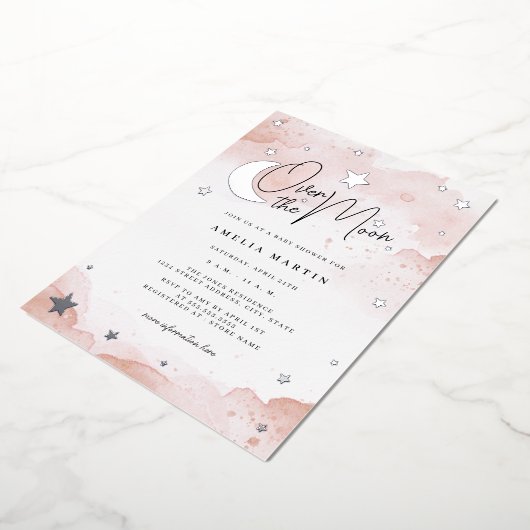 Blush Silver Over the Moon Baby shower Folie Uitnodiging (Gedraaid)