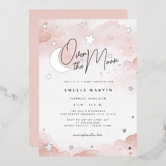 Blush Silver Over the Moon Baby shower Folie Uitnodiging (Voorkant / Achterkant)
