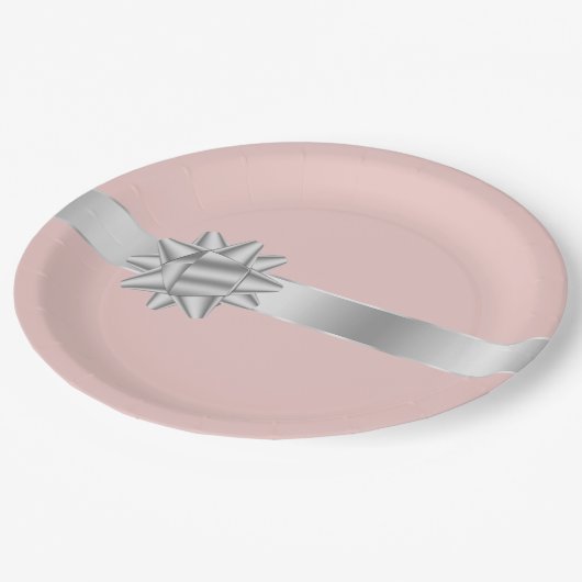 Blush Silver Ribbon Bow Verjaardag Papieren Bordje (Gekanteld)