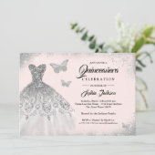 Blush Silver Sparkle Dress Butterfly Quinceanera Kaart (Staand voorkant)
