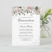 Blush Silver Waterverf Bloemen Quinceanera Kaart (Staand voorkant)