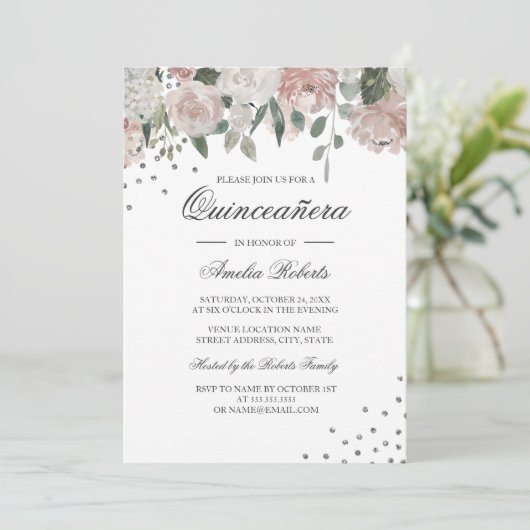 Blush Silver Waterverf Bloemen Quinceanera Kaart (Staand voorkant)