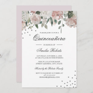 Blush Silver Waterverf Bloemen Quinceanera Kaart