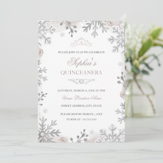 Blush Silver Winter Wonderland Quinceanera Kaart (Staand voorkant)