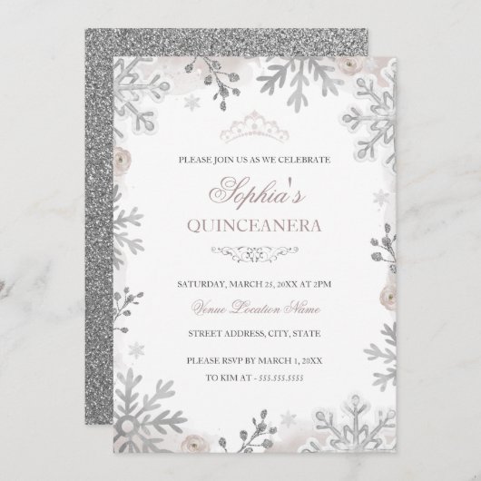 Blush Silver Winter Wonderland Quinceanera Kaart (Voorkant / Achterkant)