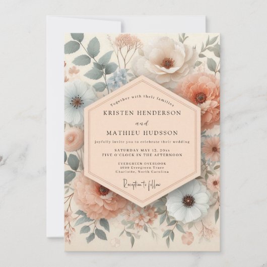 Blush & Slate Antique Floral Wedding Kaart (Voorkant)