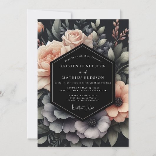 Blush & Slate Dramatic Bloom Wedding Kaart (Voorkant)