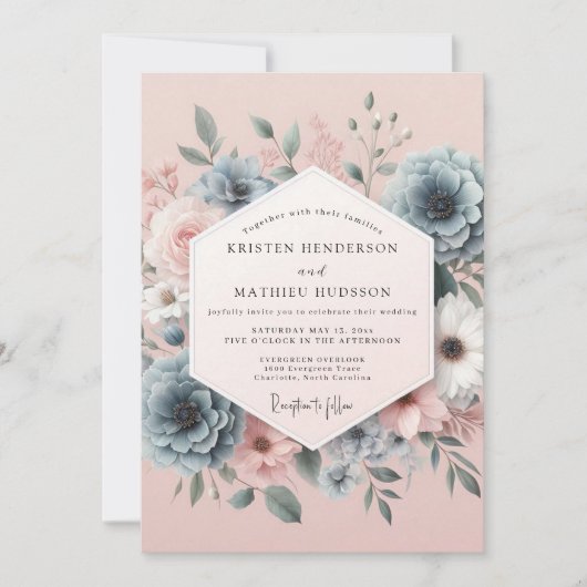 Blush Slate Romantic Bloom Wedding Kaart (Voorkant)